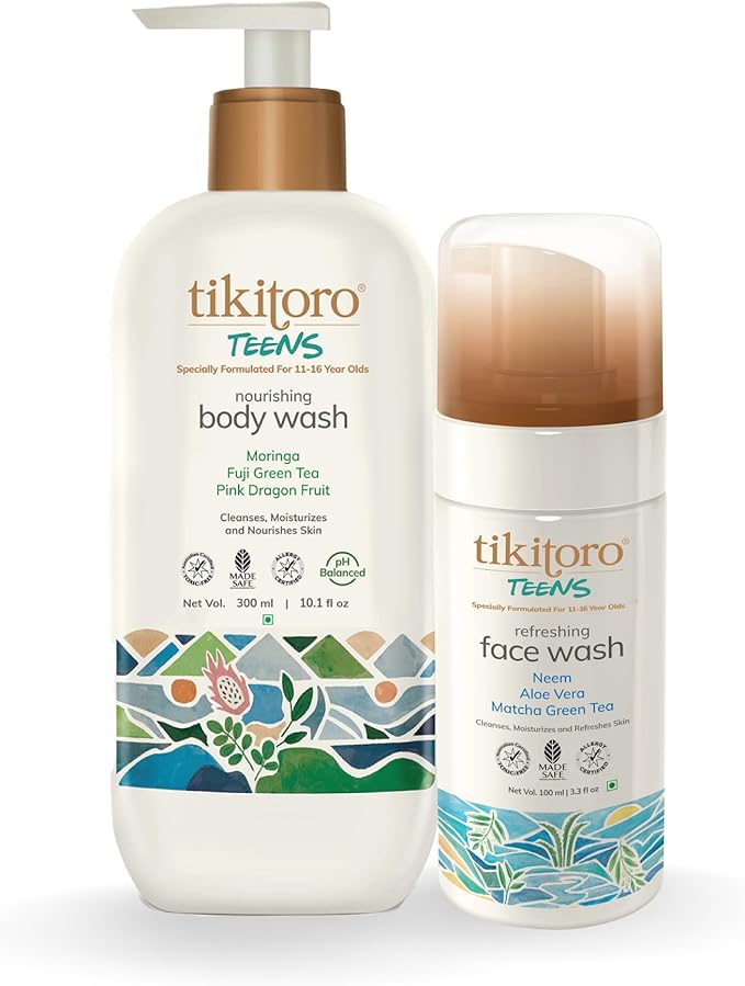Tikitoro Teens Natural Bath Combo 100% Vegan with Nourishing Body Wash and Refreshing Facewash, No Parabens & Sulphates (Age: 11+) (300 ml x 1 & 100 ml x 1) - Image 2